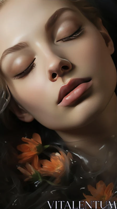 AI ART Serene Woman in Water with Flowers - Realistic Portrait Art