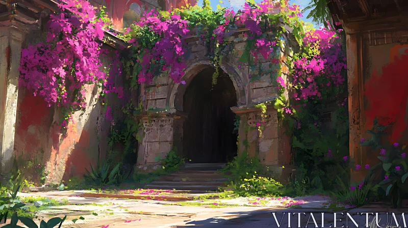 Bougainvillea-Draped Ancient Stone Archway AI Image