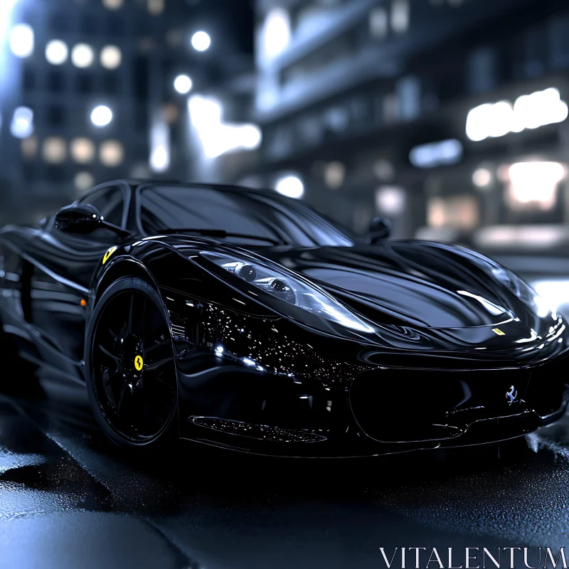 Elegant Black Sports Car in Nighttime Cityscape AI Image