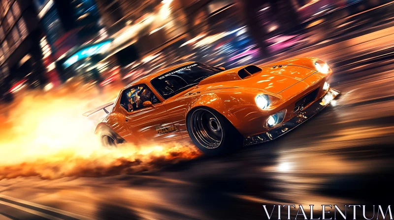 Orange Racecar Emitting Fire at Night AI Image