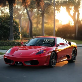 Elegant Red Sports Car in Sunset Scene