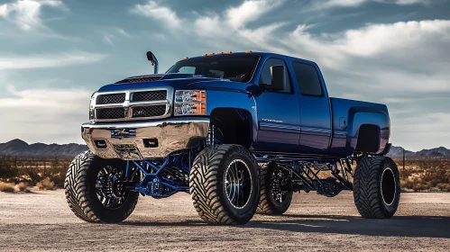 Modified Blue Pickup Truck with Large Tires