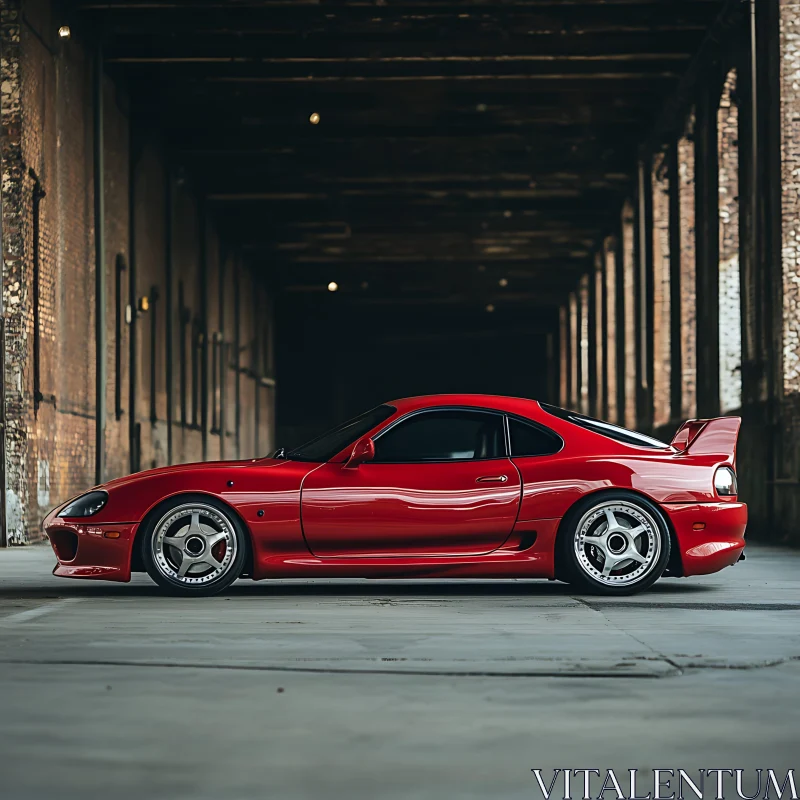 Sleek Red Car in Industrial Space AI Image