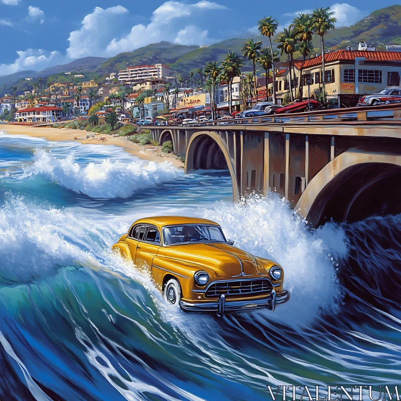 Vintage Car Rides Ocean Waves by Scenic Beach AI Image