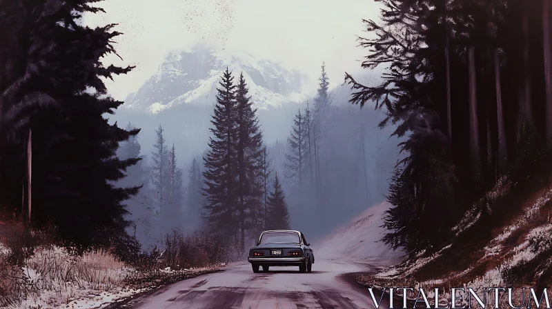 Lonely Drive through a Snowy Forest with Mountains AI Image