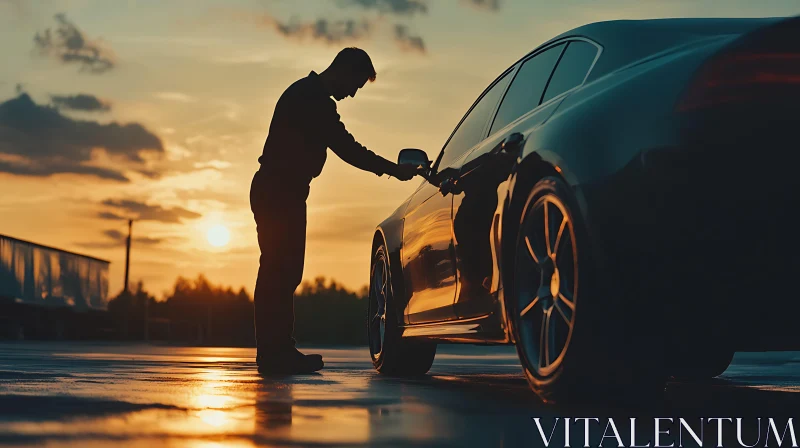 Sunset Reflection of Person Next to Vehicle AI Image