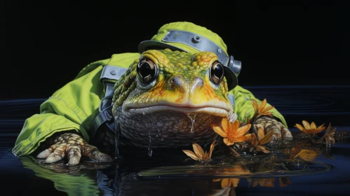 Frog in Green Jacket Amidst Flowers: A Detailed Marine Style Painting