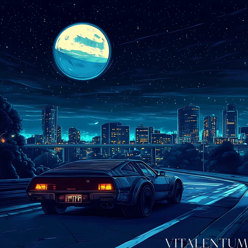 Night Drive in a Futuristic Urban Landscape AI Image