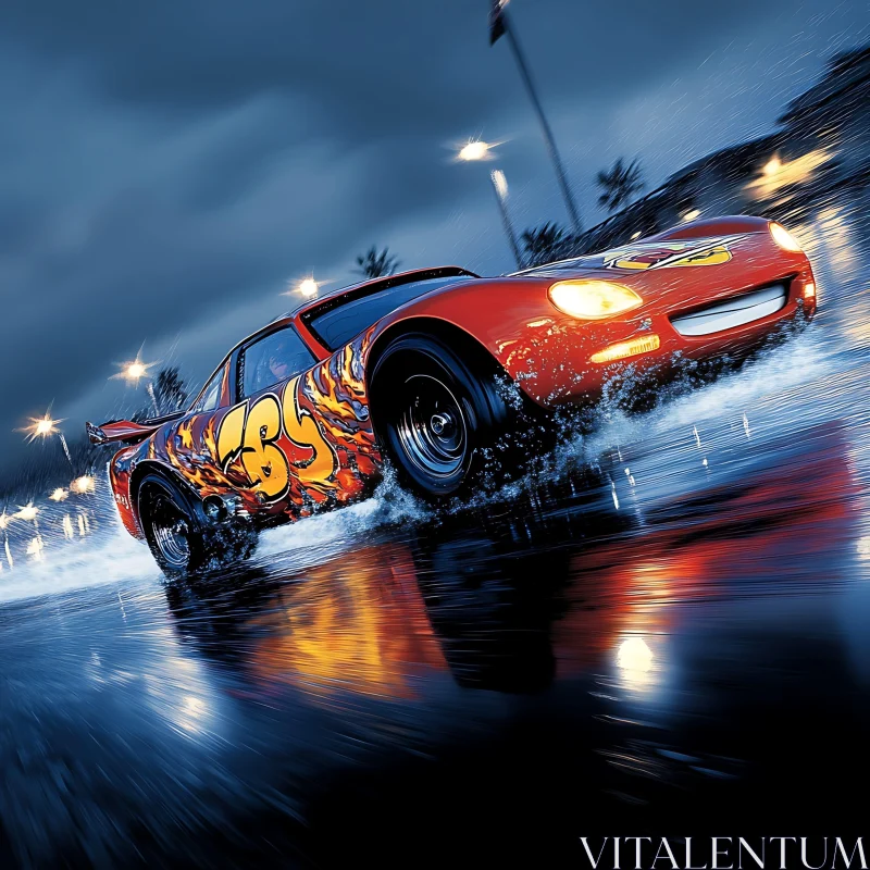 Graffiti-Enhanced Sports Car Drifting on Wet Night Road AI Image