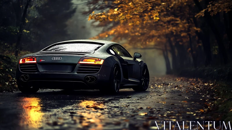 Audi Sports Car on Wet Forest Road AI Image