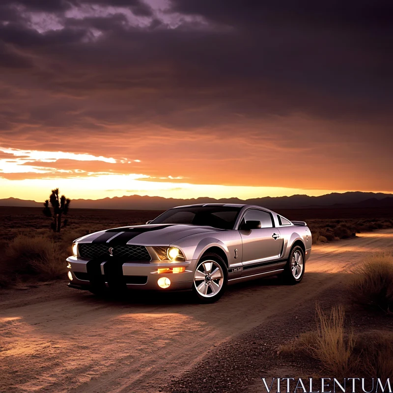 Sunset Drive in the Desert with Silver Sports Car AI Image