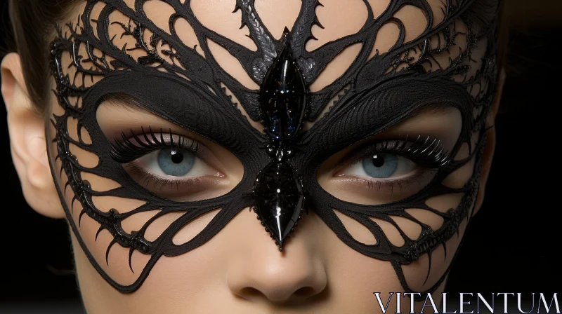 Captivating Woman with a Black Masquerade Mask Made of Insects AI Image