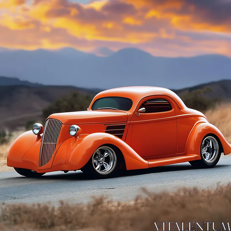 Vintage Hot Rod with Sunset Background AI Image