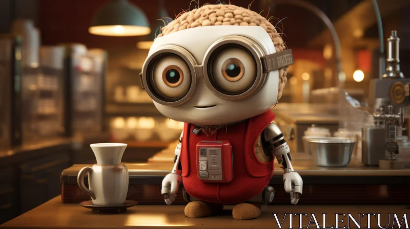 Cute Coffee-Loving Robot with Glasses in Cozy Setting AI Image