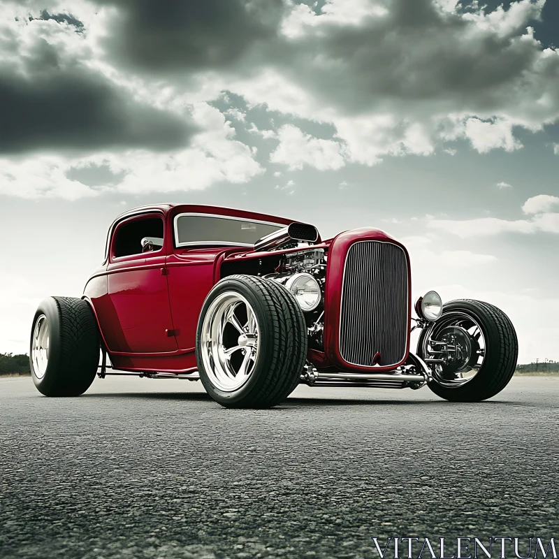 Classic Red Hot Rod Car on Open Road AI Image