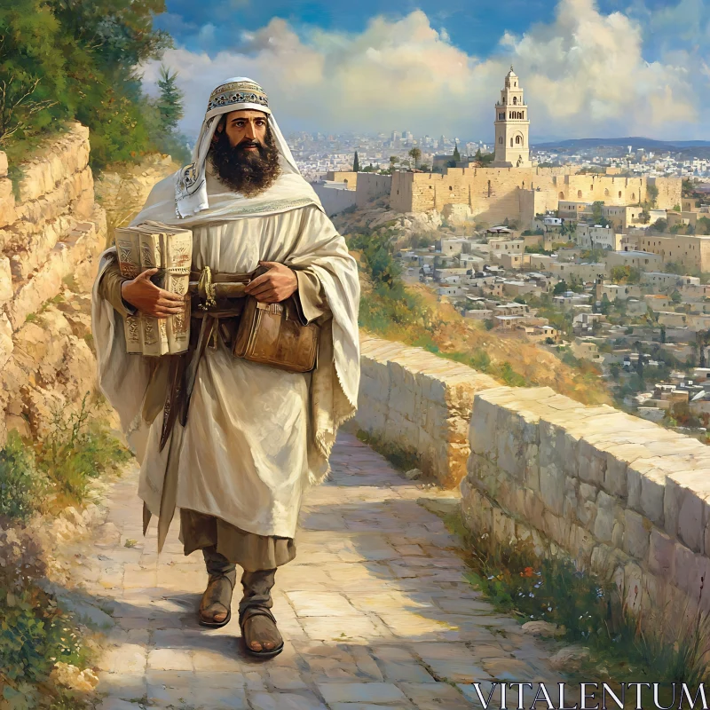 Medieval Scholar on Stone Path with Ancient City View AI Image