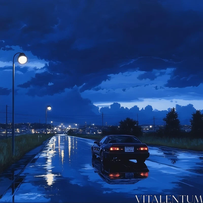 Reflective Night Drive Through Storm AI Image