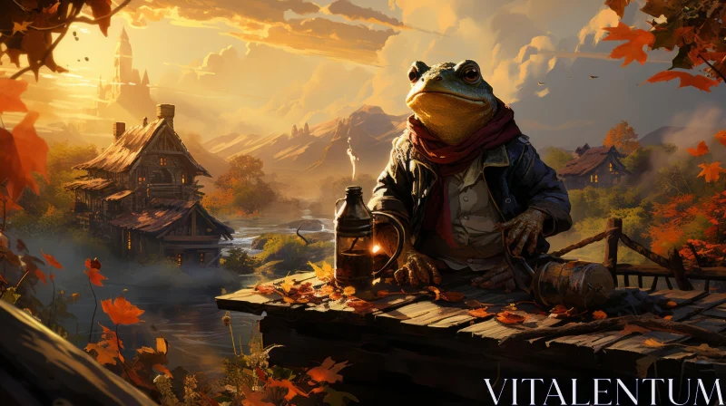 Folk-Inspired Frog Illustration with Autumn Village Backdrop AI Image