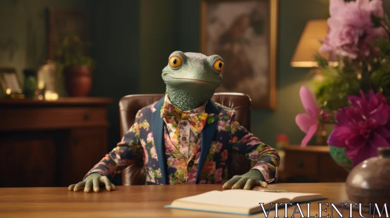 Playful Imagery of a Dressed Frog at a Desk AI Image