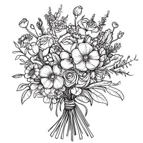 Detailed Botanical Floral Bouquet Outline Art