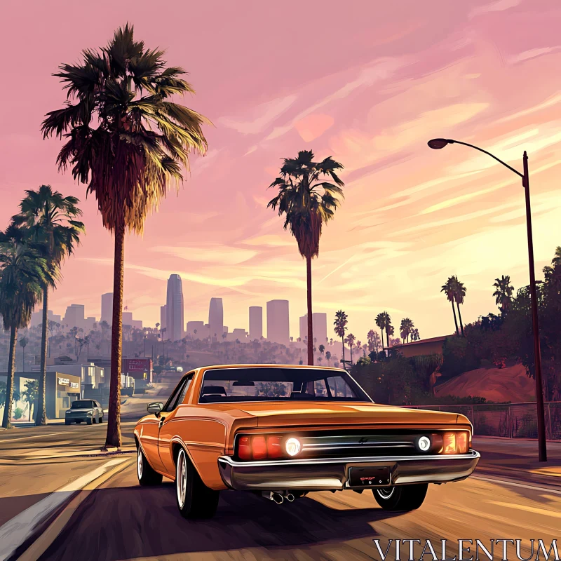 Sunset Drive with Vintage Car AI Image