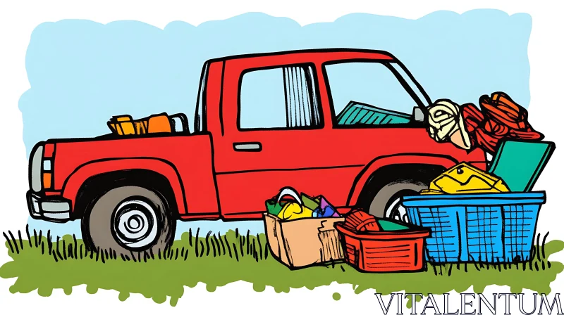 Outdoor Camping Gear Around Red Pickup Truck Cartoon AI Image