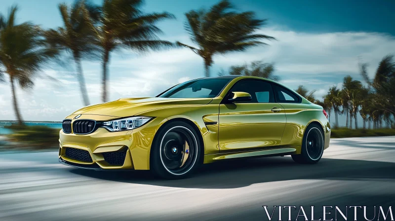 Yellow Sports Car Driving Along a Scenic Coastal Road AI Image