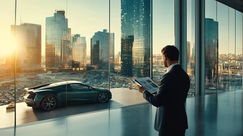 Executive Admiring Innovative Car with Stunning Urban View