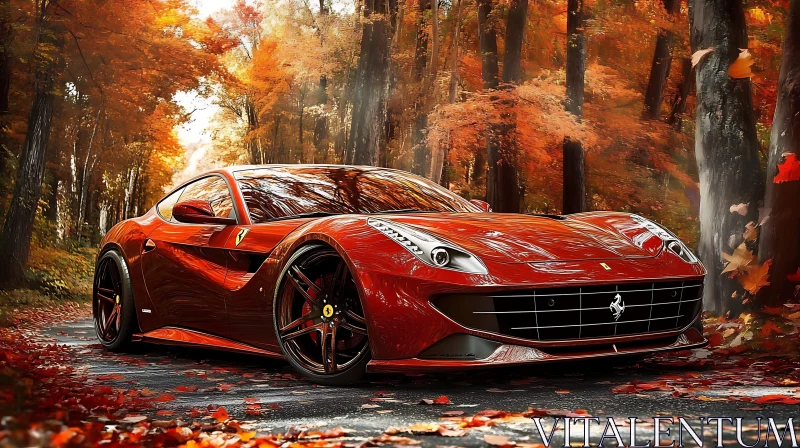 Sleek Red Car Amidst Autumn Trees AI Image