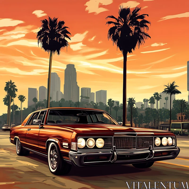 Classic Car in Sunset Cityscape AI Image