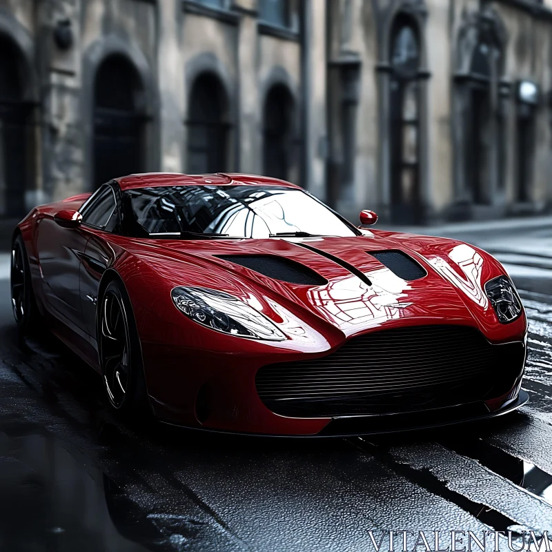 AI ART Luxurious Red Sports Car Reflecting Urban Elegance