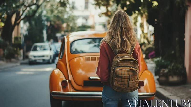 Urban Street Scene with Woman and Vintage Car AI Image