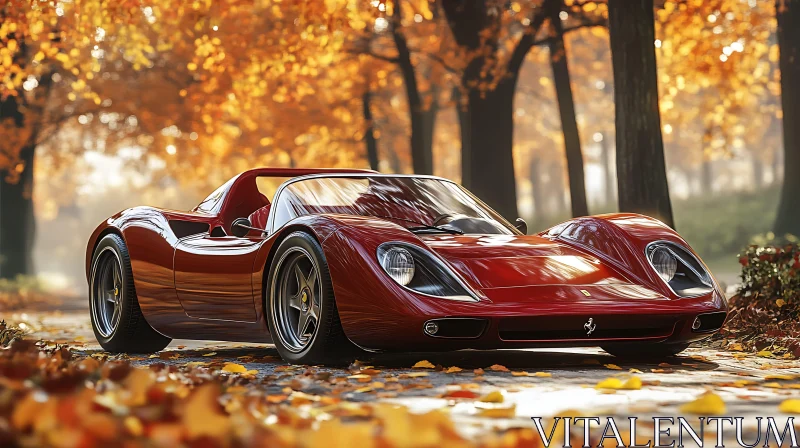 Red Sports Car Amidst Fall Foliage AI Image