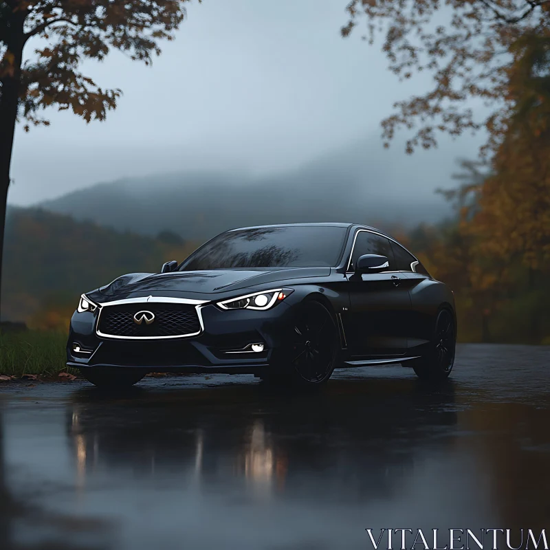 Sleek Black Car on Wet Road Amidst Foggy Backdrop AI Image