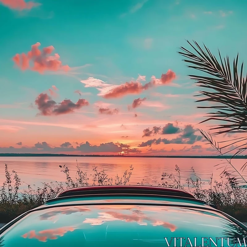 Lake Sunset Reflection On Car Roof AI Image