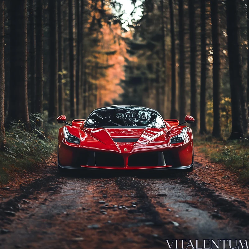 AI ART Luxurious Red Car in a Forest Setting