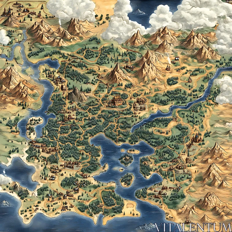 Illustrated Fantasy World Map with Diverse Landscapes AI Image