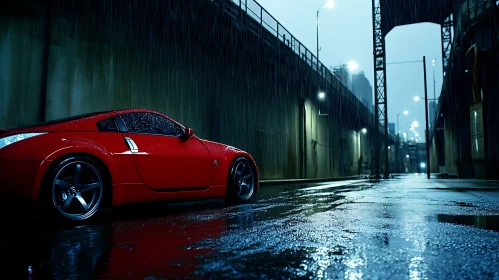 Moody Rainy Night with Red Sports Car