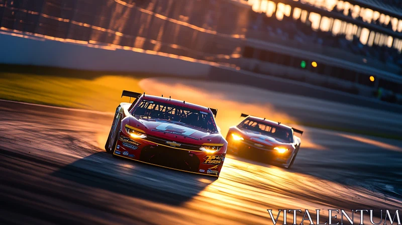 High-Speed Race Cars During Sunset AI Image