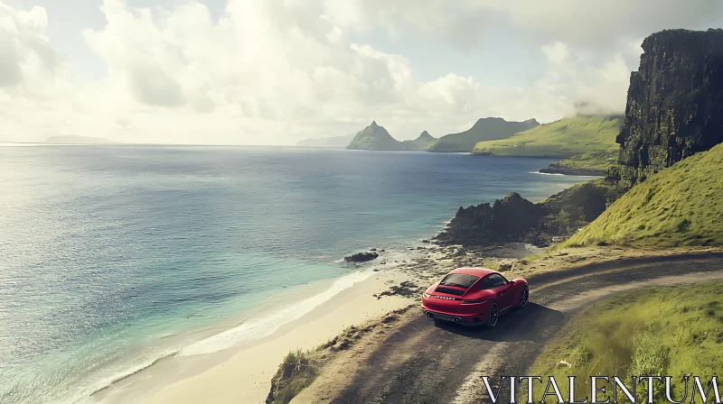 Red Sports Car on Serene Coastal Road AI Image