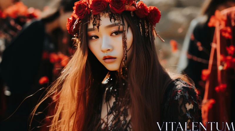 Captivating Portrait of a Girl with Curly Hair and Red Flowers AI Image