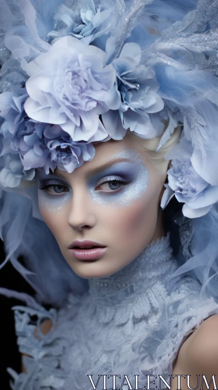Captivating Woman with Blue Feathers and Makeup: A Fairytale-Inspired Artwork AI Image