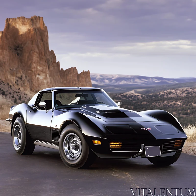 Vintage Black Car with Scenic Mountain Backdrop AI Image