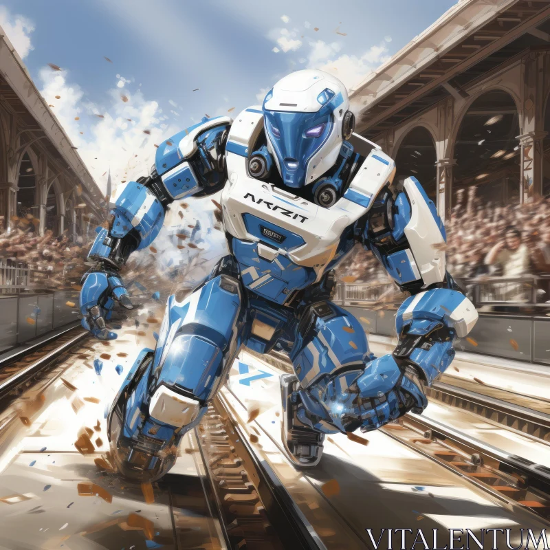 Robot Racing Against Train in Futuristic Light Indigo City AI Image
