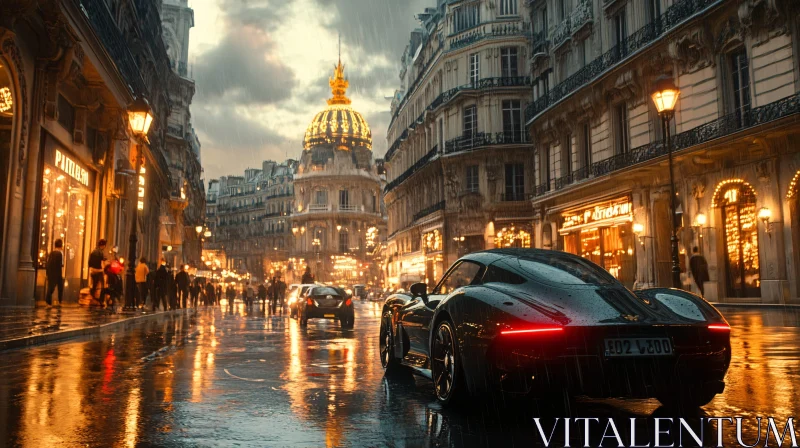 Evening Cityscape with Luxury Vehicle in the Rain AI Image