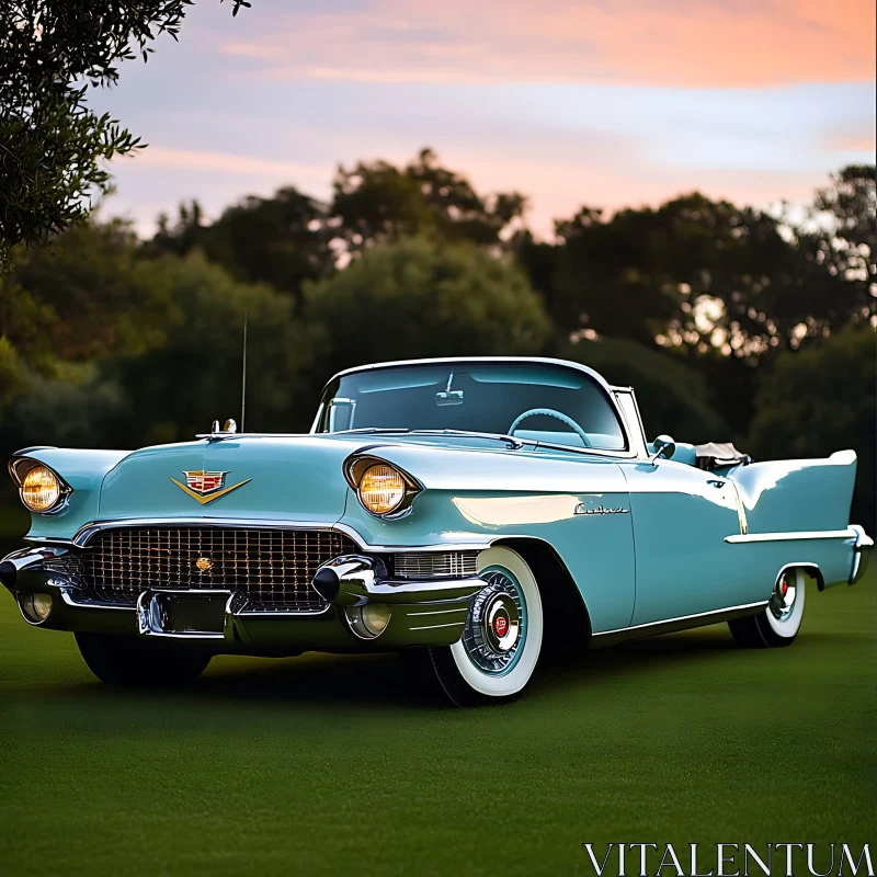 AI ART Vintage Blue Car on Lawn with Sunset Background