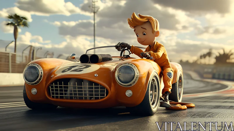 Animated Child Mechanic with Vintage Racer on Track AI Image