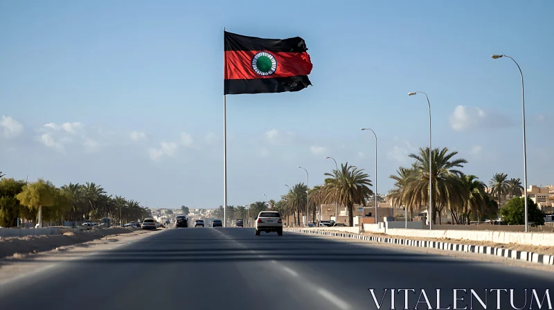 City Road with Flag and Palm Trees AI Image