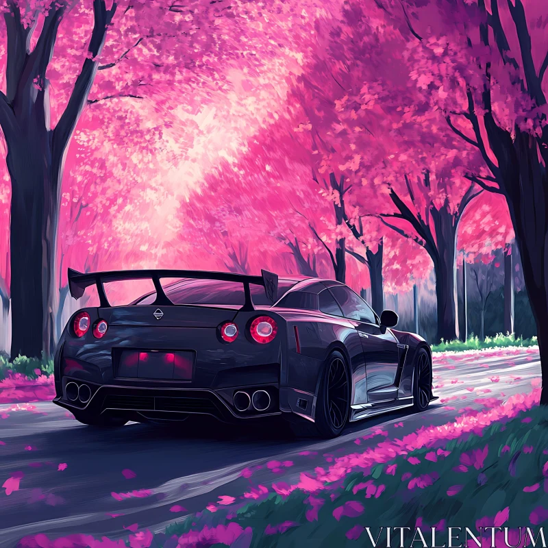 Elegant Black Automobile Amidst Pink Blossoms AI Image