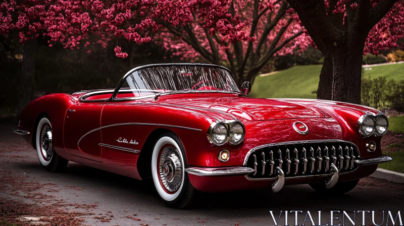 Classic Red Convertible Car with Blossoming Trees AI Image